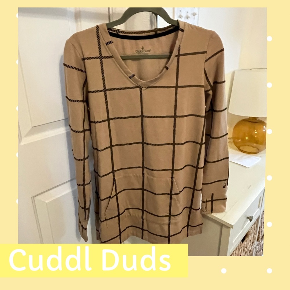 Cuddl Duds Women's Beige Grid Pattern Blouse
